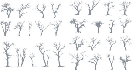 Vector collection of dead tree silhouettes with unique branches that resemble abstract shadows. Perfect for design backgrounds, nature-themed illustrations, or creative projects with a dark and myster