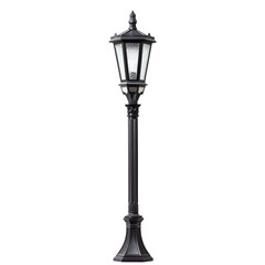 Classic black outdoor street lamp with glass panels on a white background

