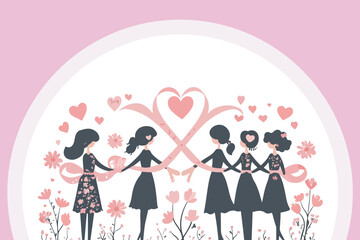 A flat illustration of diverse women standing together, holding gold ribbons and heart shapes to celebrate Women's Day. A perfect design for social media, banners, posters, and feminist-themed campaig