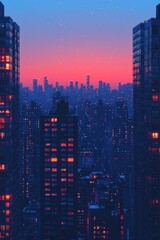 Vibrant urban skyline at dusk with illuminated towers and fading sunset
