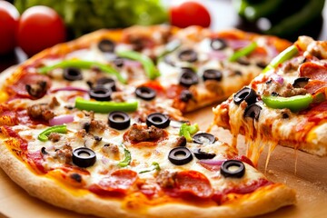 Delicious meat lovers pizza with melted cheese, olives, peppers, and onions, a slice pulled out showing cheesy goodness.