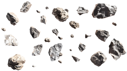 Collection of scattered rocks and stones isolated on a white background