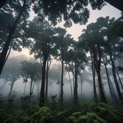 Massive jungle trees emerging from thick white fog at dawn.
