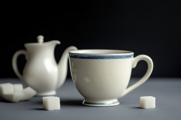 Fototapeta premium A white porcelain mug with subtle blue accents, surrounded by sugar cubes and a small creamer jug.