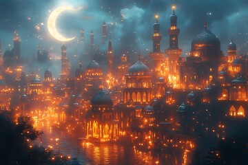 Magical Night Cityscape with Illuminated Buildings and Crescent Moon


