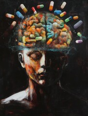Conceptual Artwork Depicting a Human Brain Overloaded with Pills in a Dramatic Composition