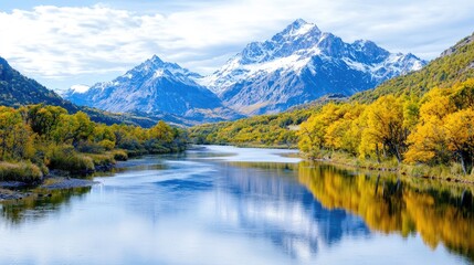Fototapeta premium Autumn River Reflecting Snowy Mountains (3)