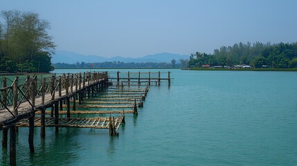 Fototapeta premium Wooden pier extends over tranquil lake, tropical landscape background, tourism