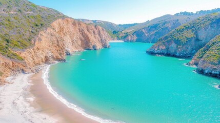 Obraz premium Secluded cove beach, turquoise water, coastal cliffs, sunny day, travel destination