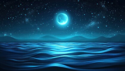 Serene Night Ocean Scene Under a Bright Moon and Stars