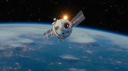 Satellite Orbiting Earth with Solar Panels Gathering Energy in Space