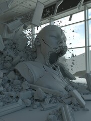 Futuristic Digital Artwork of a Man Emerging from Sculptural Debris