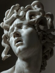 Black and White Marble Bust of Medusa with Snakes in Her Hair, Intense Expression