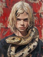 Digital Painting of a Mysterious Young Woman with a Snake Wrapped Around Her Neck