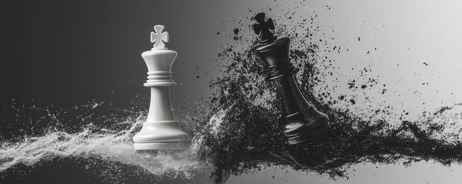 Dynamic clash of white and black chess pieces in mid-air