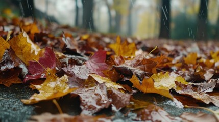 Rainy Autumn Park Path Leaves Closeup