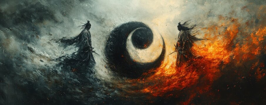 Epic yin yang depiction with contrasting elements of fire and ice
