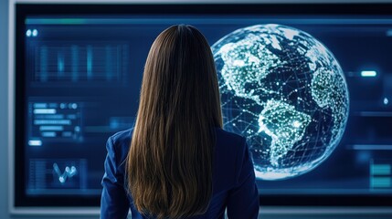 A woman observes a digital globe on a high-tech screen, surrounded by data visualizations in a futuristic workspace.