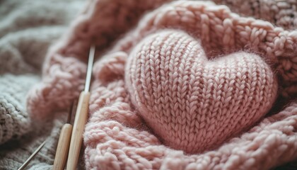 Fototapeta premium Hand Knitted Pink Heart Yarn And Needles