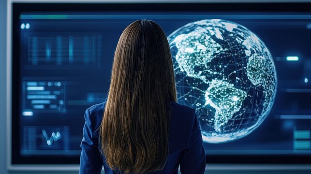 A woman observes a digital globe on a high-tech screen, surrounded by data visualizations in a futuristic workspace.