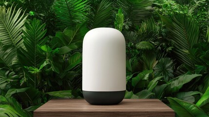 A sleek, modern lamp stands on a wooden surface, surrounded by lush green foliage, blending nature with contemporary design.