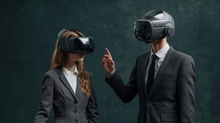 A man and woman in business attire wear virtual reality headsets, engaging in a conversation about technology in a modern, dark-hued environment.