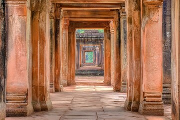 Fototapeta premium Ancient temple corridor, Cambodia, perspective, sunlight, archaeology, history, travel.