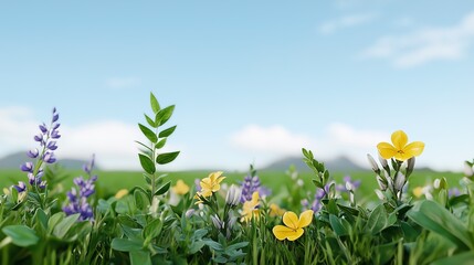 Vibrant wildflowers in a lush green field against a bright blue sky, spring season background