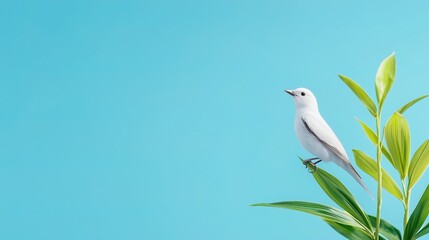 Obraz premium a white bird perched on a green leaf against a blue background. the bird is facing to the right and is in focus. the bird is a symbol of peace, freedom, and hope, spring season background, 