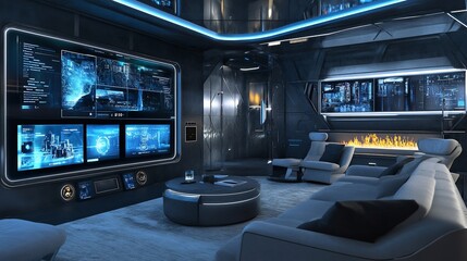 Futuristic Living Room with Multiple Screens and Modern Fireplace Design Concept