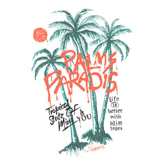 Beach Graphics. Summer vector. adventure. Grafitiy text prints. beach print. hand drawn art. palm tree beach. tropical palm tree. t shirt, sweatshirt, aparel clothing design. © sumonsharif