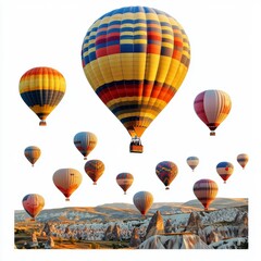 Obraz premium Colorful hot air balloons floating gracefully over stunning landscapes during a vibrant sunrise in Cappadocia, Turkey