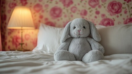 Grey bunny plush on bed, floral wall, lamp