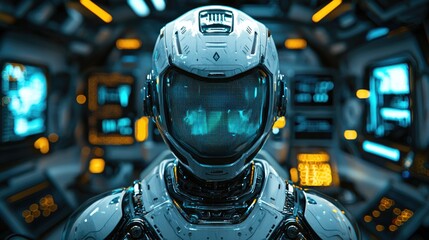 Futuristic humanoid robot in a high-tech control room