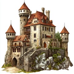 Fototapeta premium Enchanting medieval castle surrounded by rocks and greenery with detailed architecture and majestic towers