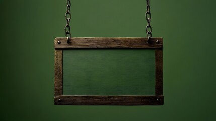 A blank wooden sign hanging from chains against a green background, ready for messages.