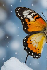 A butterfly’s wings reflecting different seasons—one side winter, the other spring.