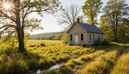Fototapeta premium Dilapidated schoolhouse in overgrown field with soft light, nostalgia