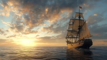 Obraz premium Sailing ship at sunset.