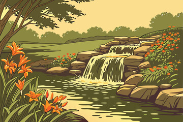 Serene garden waterfall, sparkling sunlit water, smooth river rocks, orange flowers, lush green foliage, shallow stream, natural landscape, soft bokeh, golden hour lighting, close-up perspective, tran