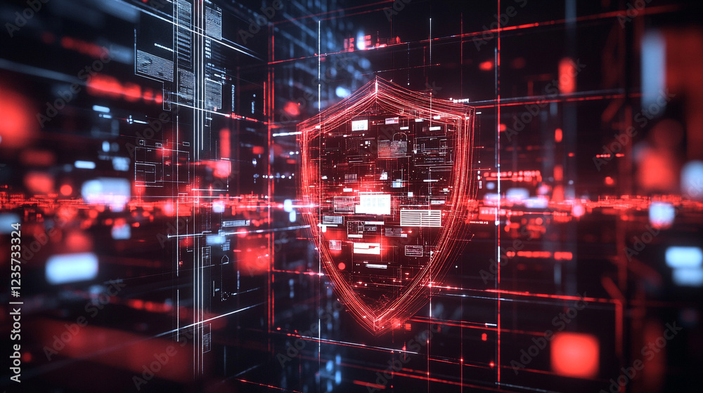 Poster digital shield cyber security network protection data safety red abstract background web code risk