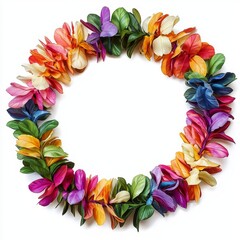 Colorful Floral Circle Wreath with Various Petals in Vibrant Shades, Isolated on White Background