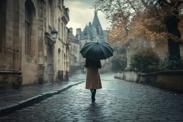 A woman in a long coat walking under a black umbrella on a wet cobblestone street, with a cloudy, drizzly sky.