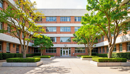 Empty school courtyard in natural garden setting, serene ambiance