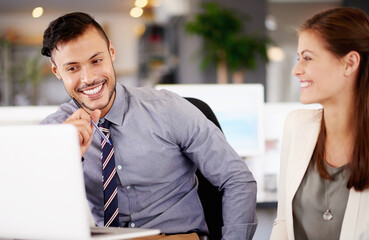 Teamwork, laptop and happy business people planning, talk or brainstorming in office. Cooperation,...