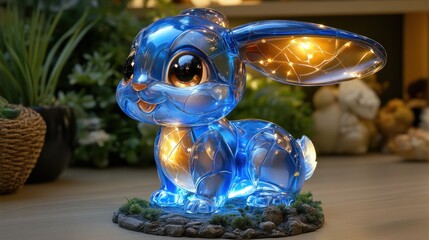 Illuminated Blue Bunny Figurine on Table