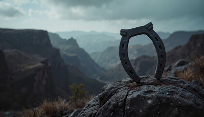 Fototapeta premium Horseshoe displayed on rocky canyon edge, symbolizing luck and resilience