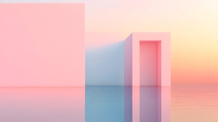Floating Geometric Building with Pastel Gradient Background in 3D