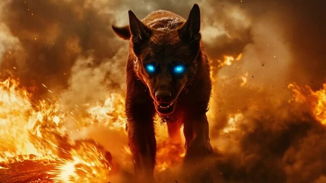 Fiery background wolf monster scene, smooth repeating motion for background video animation