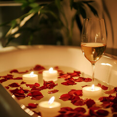 Serene Spa Retreat: A tranquil moment captured, with floating candles and scattered rose petals creating a romantic ambiance, a glass of wine on the tub edge completes the luxurious scene.